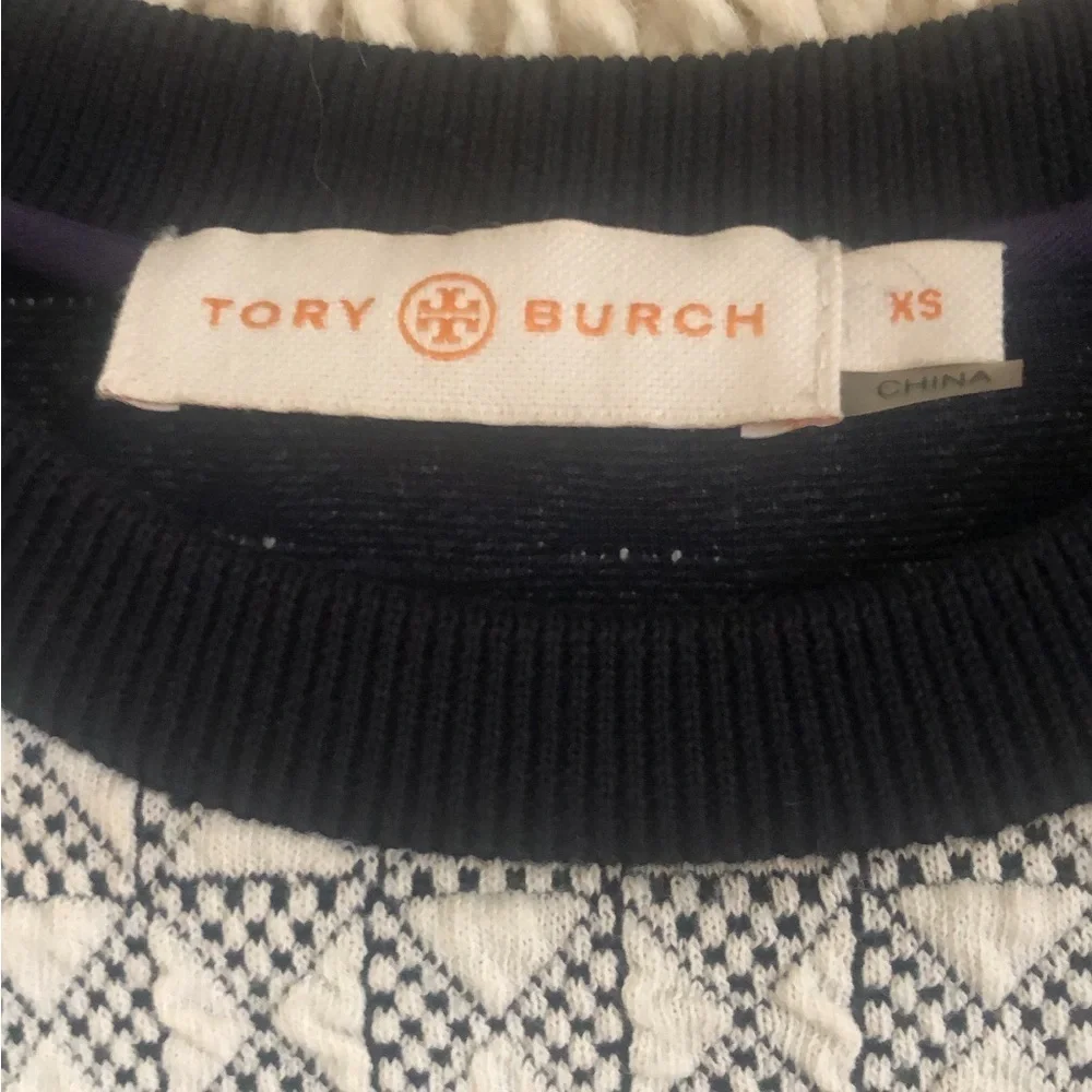 Tory Burch Textured Knit Geometric Print Tshirt Dress Short Sleeve Navy White XS